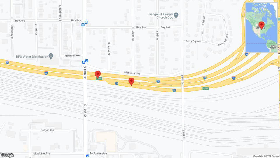 A detailed map that shows the affected road due to 'Broken down vehicle on eastbound I-70 in Kansas City' on July 15th at 8:21 p.m.