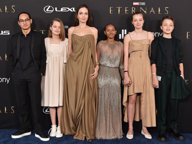 <p>Axelle/Bauer-Griffin/FilmMagic</p> Angelina Jolie with Maddox, Vivienne, Zahara, Knox and Shiloh at the Los Angeles premiere of the Eternals