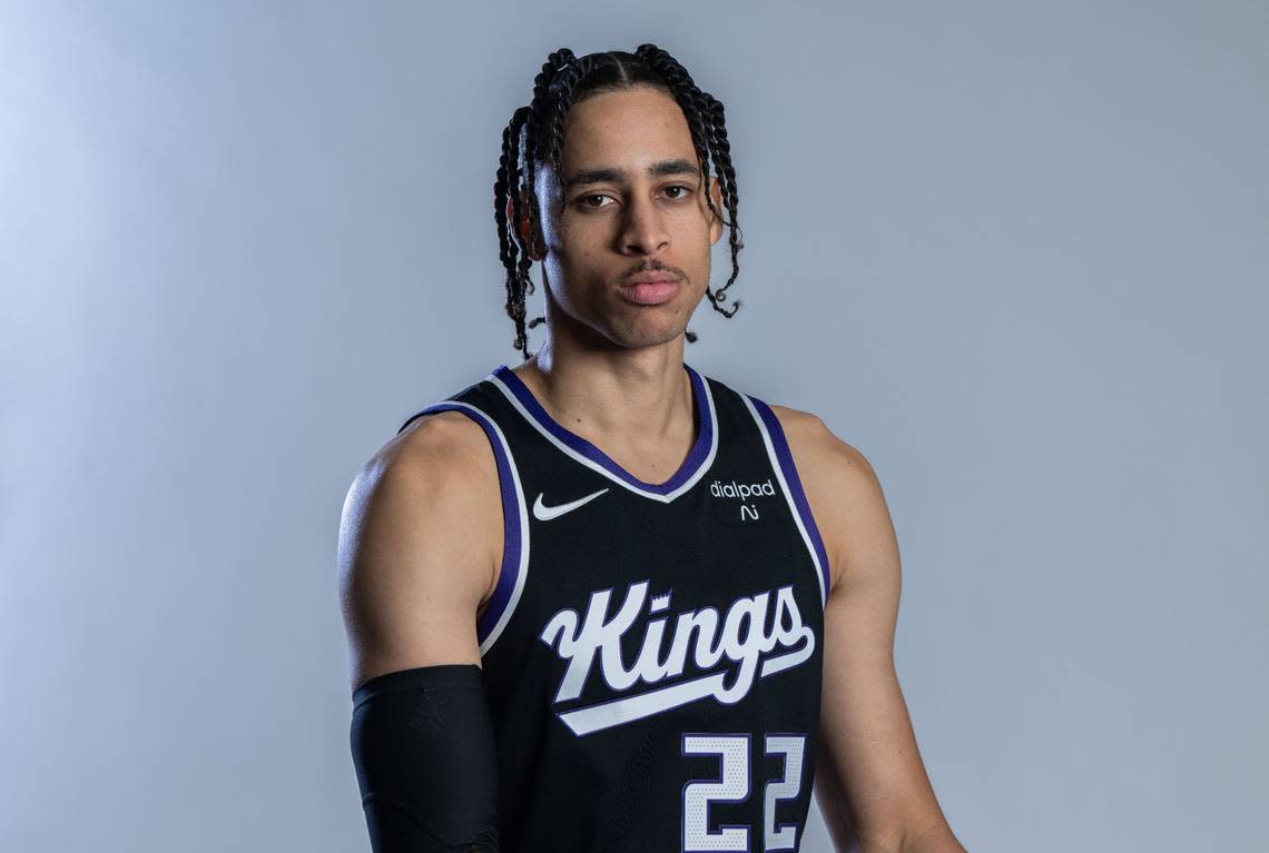 Sacramento Kings center Chance Comanche (22) poses for a photo during media day at Golden 1 Center on Oct. 2, 2023.