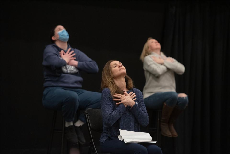 TV/film actress Amy Brenneman, center, rehearses with cast members Sara Bleything, left, Lynne Johnson, Hadassah Nelson and Rebecca Riley at the Cotuit Center for the Arts during a rehearsal of the play "Overcome." Brenneman co-wrote the play about struggling years ago to accept her daughter's neurodivergence.