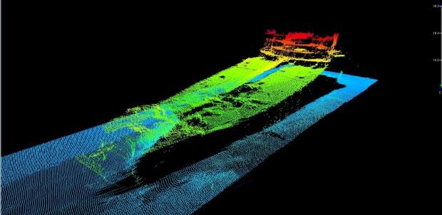 A sunken ship, illustrated here by sonar imagery, was discovered in the Flemish Pass Basin as part of a geographical seabed survey on July 13. (Submitted by Equinor - image credit)