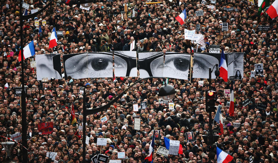 Hundreds of thousands of people flood the streets of Paris to express support in the wake of&nbsp;two deadly terror attacks in the city. On Jan. 7, masked gunmen killed 12&nbsp;people&nbsp;at&nbsp;the&nbsp;offices of <a href="http://www.huffingtonpost.com/2015/01/07/charlie-hebdo-attack_n_6429058.html#222_frances-jews-on-high-alert-following-kosher-supermarket-attack">satirical weekly newspaper Charlie Hebdo</a>. Several more people were killed at a <a href="http://www.huffingtonpost.com/2015/01/09/france-jews-terror-alert_n_6444972.html">Jewish supermarket</a> two days after.<br /><br />Following the tragedies, social media users around the world used&nbsp;the hashtags <a href="http://www.huffingtonpost.com/2015/01/07/jesuischarlie-charlie-hebdo-shooting_n_6429712.html">#JeSuisCharlie</a>, or "I Am Charlie," and <a href="http://www.huffingtonpost.com/2015/01/09/je-suis-juif-paris-jews_n_6444848.html?1420829442">#JeSuisJuif</a>, or "I Am Jewish," to show solidarity.