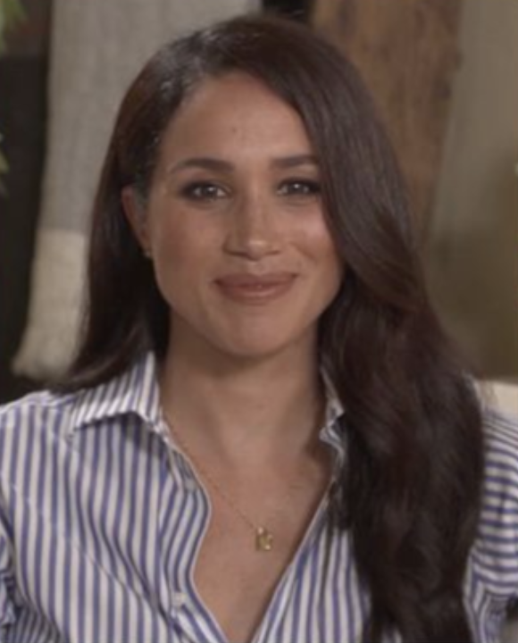 <p>During a chat with Ellen McGirt for the <a href="https://www.harpersbazaar.com/celebrity/latest/a34210038/meghan-markle-fortune-summit-speech/" rel="nofollow noopener" target="_blank" data-ylk="slk:Fortune Most Powerful Women summit;elm:context_link;itc:0;sec:content-canvas" class="link ">Fortune Most Powerful Women summit</a>, Meghan opted for another of her tried-and-true wardrobe staples: a blue-and-white pinstripe button-down blouse by brand With Nothing Underneath, paired with a minimalistic gold charm necklace by Edge of Ember, stud earrings by Jennifer Meyer, and a side-swept hairstyle. The look mirrored the <a href="https://www.harpersbazaar.com/celebrity/latest/a22151081/meghan-markle-kate-middleton-wimbledon-2018-princess-diana/" rel="nofollow noopener" target="_blank" data-ylk="slk:2018 ensemble;elm:context_link;itc:0;sec:content-canvas" class="link ">2018 ensemble</a> she wore to Wimbledon alongside Kate Middleton in London. </p>