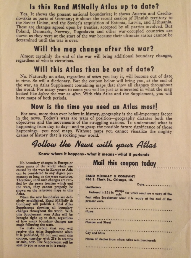 Rand McNally atlas ad: Discusses map updates due to post-WWII boundary changes in Europe. Includes mailing coupon for a new edition. Address: Rand McNally & Company, 536 S. Clark St., Chicago 5, Ill