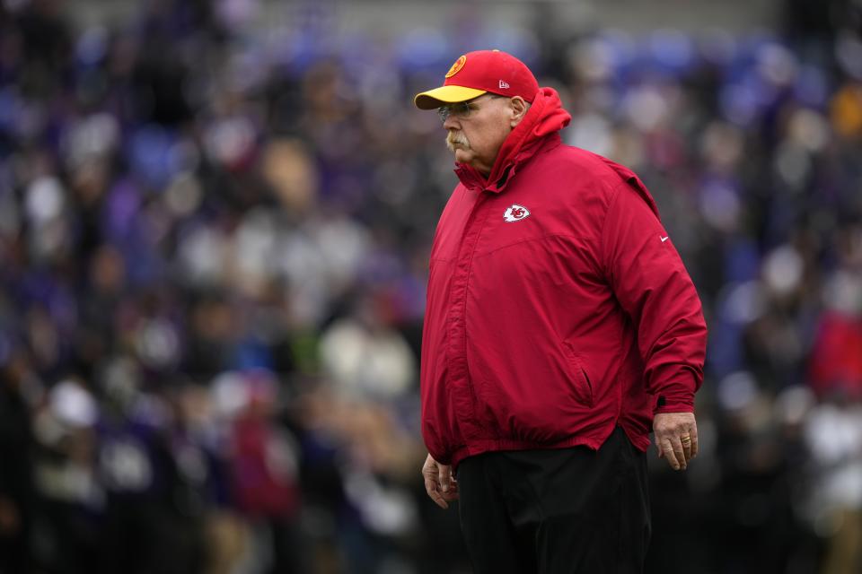 Kansas City Chiefs head coach Andy Reid watches warm ups before the AFC Championship NFL football game against the Baltimore Ravens, Sunday, Jan. 28, 2024, in Baltimore. (AP Photo/Matt Slocum)