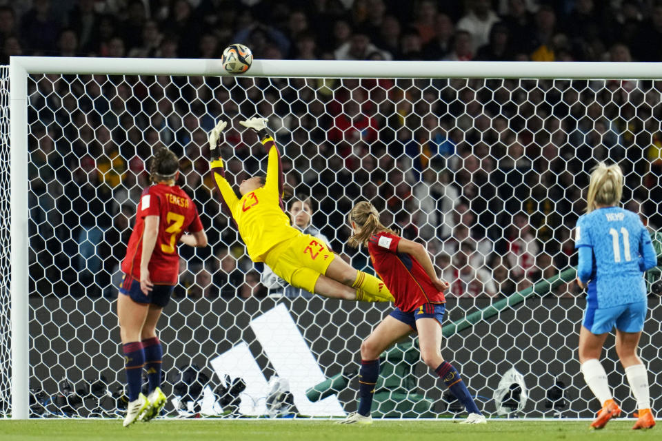 FILE - A shot from England's Lauren Hemp, right, hits the crossbar during the Women's World Cup soccer final between Spain and England at Stadium Australia in Sydney, Australia, Sunday, Aug. 20, 2023. The U.S. Soccer Federation and Mexico Football Federation submitted a joint bid to host the 2027 Women’s World Cup, competing against an expected proposal from Brazil and a joint Germany-Netherlands-Belgium plan. (AP Photo/Abbie Parr, File)
