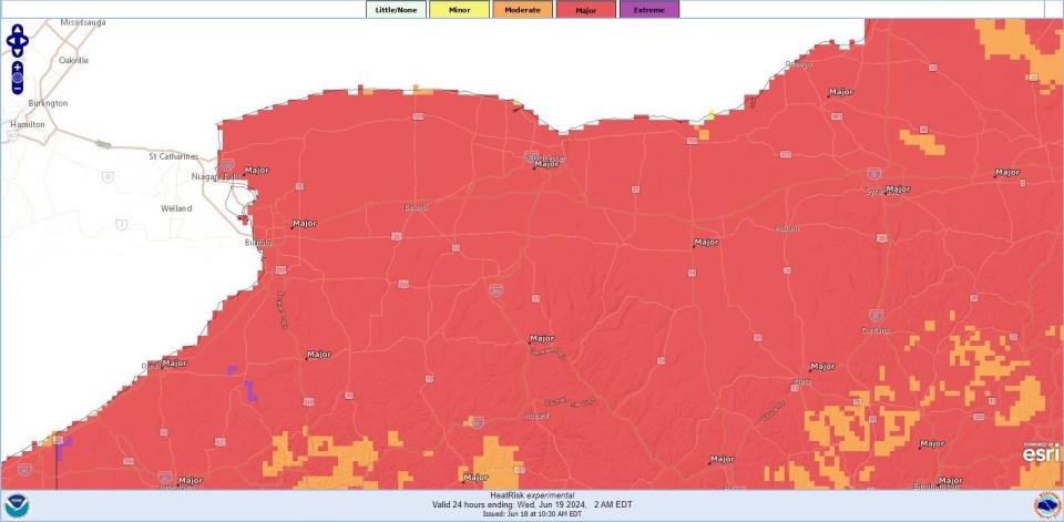 The HeatRisk map for June 18, 2024 shows major risks of heat-related illness in Western New York