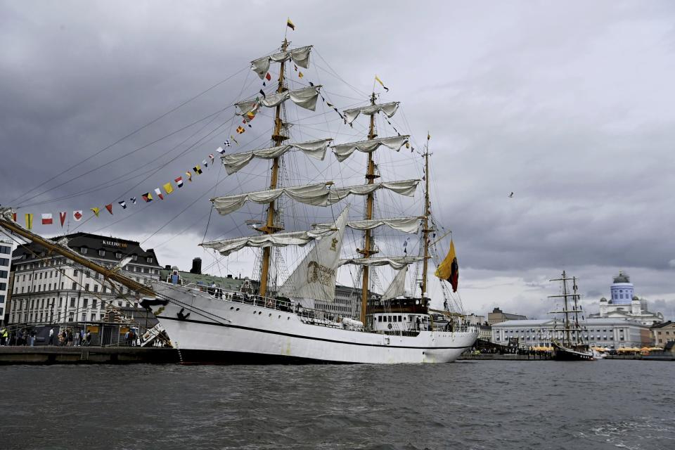 Ecuadorian ship Guayas during the Tall Ships Races event in Helsinki, Finland, Thursday July 4, 2024. Dozens of impressive classic sailing vessels from 13 different countries currently plying the Baltic Sea arrived at the Finnish capital on Thursday at the end of the first leg of the Tall Ships Races that kicked off from the Lithuanian port city of Klaipeda late June. (Aada Pet'j'/Lehtikuva via AP)