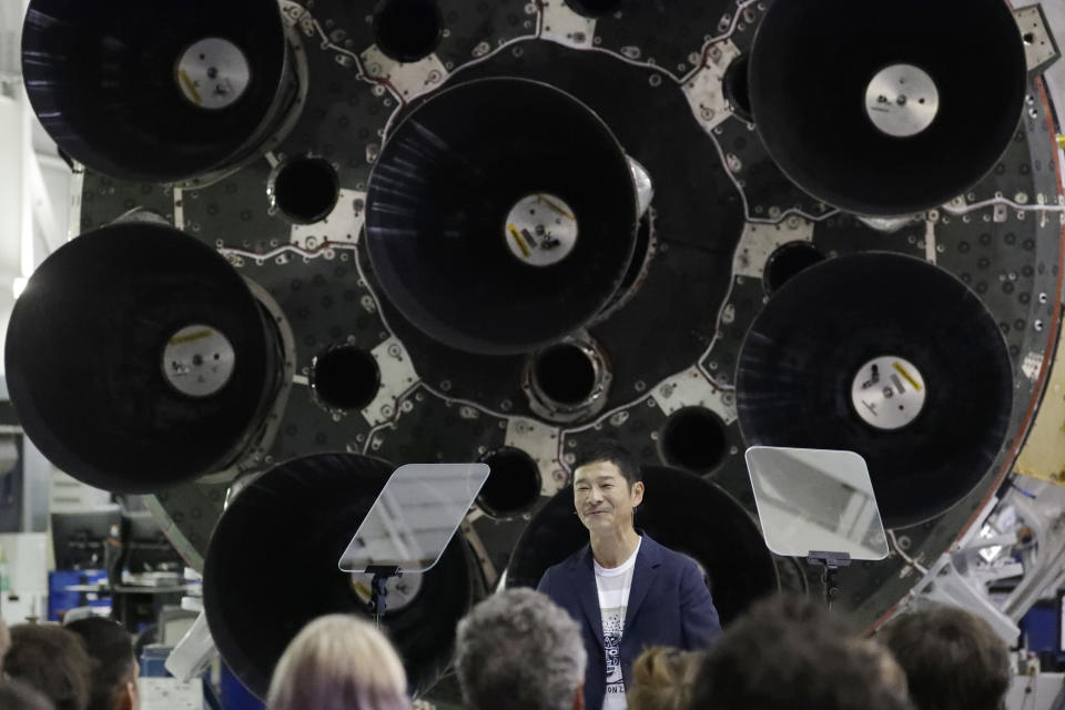 FILE - In this Monday, Sept. 17, 2018 file photo, Japanese billionaire Yusaku Maezawa speaks after SpaceX founder and chief executive Elon Musk announced him as the person who would be the first private passenger on a trip around the moon in Hawthorne, Calif. (AP Photo/Chris Carlson)