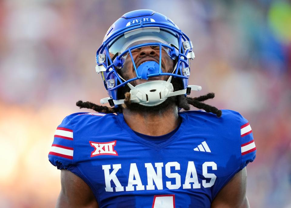 Kansas football safety Marvin Grant reacts after making a play during the first half of a game against Missouri State on Sept. 1, 2023 in Lawrence.