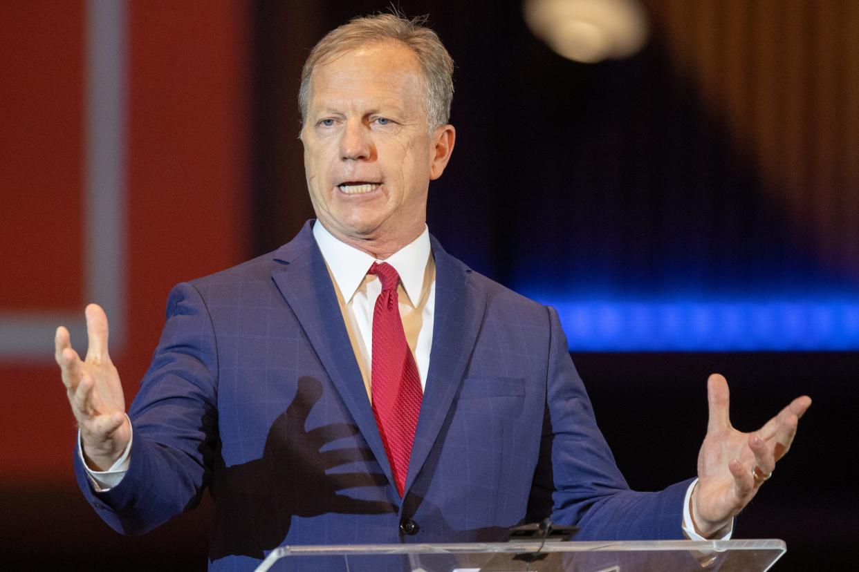 U.S. Representative Kevin Hern of Oklahoma speaks at a rally in support of Oklahoma Gov. Kevin Stitt's reelection on Tuesday, Nov. 1, 2022, at Crossroads Church in Oklahoma City.