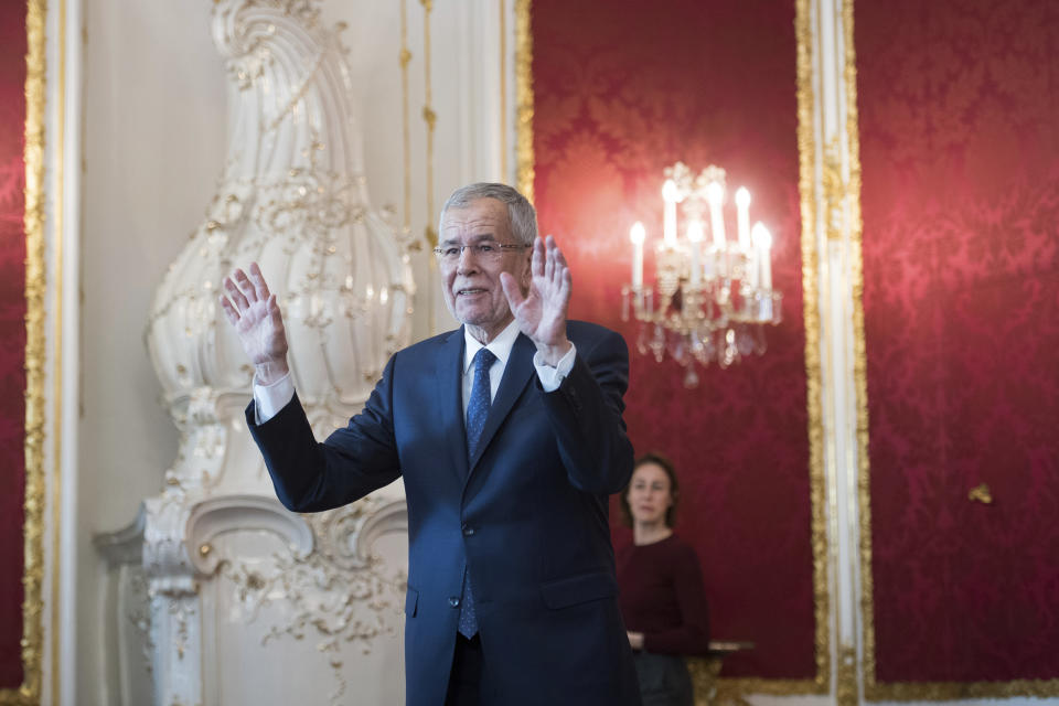 Austrian President Alexander Van der Bellen, prior for his meeting with Austrian Chancellor Sebastian Kurz, of the Austrian People's Party, OEVP, at the Hofburg palace in Vienna, Austria, Tuesday, May 21, 2019. Austrian Chancellor Sebastian Kurz has called for an early election after the resignation of his vice chancellor Heinz-Christian Strache from the Freedom Party spelled an end to his governing coalition. (AP Photo/Michael Gruber)