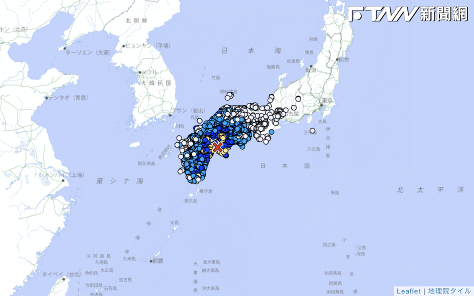 日本四國南部的豐後水道在台灣時間今（17）日晚上10點多，發生規模6.4的地震。（圖／日本氣象廳）