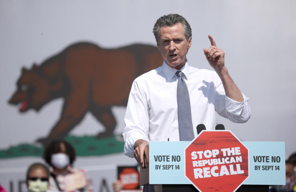 SAN LEANDRO, CALIFORNIA - SEPTEMBER 08:  California Gov. Gavin Newsom speaks during a No on the Recall campaign event with U.S. Vice President Kamala Harris at IBEW-NECA Joint Apprenticeship Training Center on September 08, 2021 in San Leandro, California. With six days to go until the California recall election, Gov. Gavin Newsom was joined by U.S. Vice President Kamala Harris as he continues to campaign throughout the state. (Photo by Justin Sullivan/Getty Images)