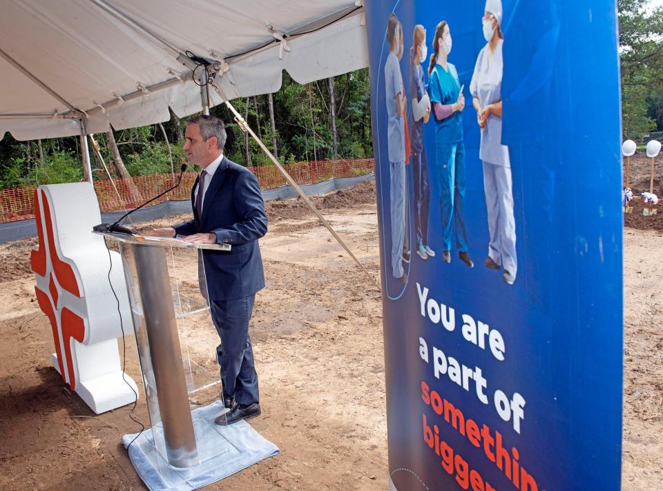 HCA Florida West Chief Executive Officer Gabe Bullaro announce the construction of a new $12 million stand-a-one emergency care facility in the Pea Ridge area during a groundbreaking ceremony on Tuesday, July 11, 2023. The 24/7 healthcare facility will open in the first quarter of 2024.