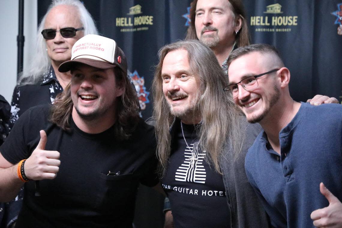 Lead vocalist of legendary classic rock band Lynyrd Skynyrd, Johnny Van Zant, poses with fans during a preconcert meet and greet at Greyline station, as part of the grand opening celebration of the new Bespoken Spirits Distillery in Lexington, Ky on March 27, 2024.