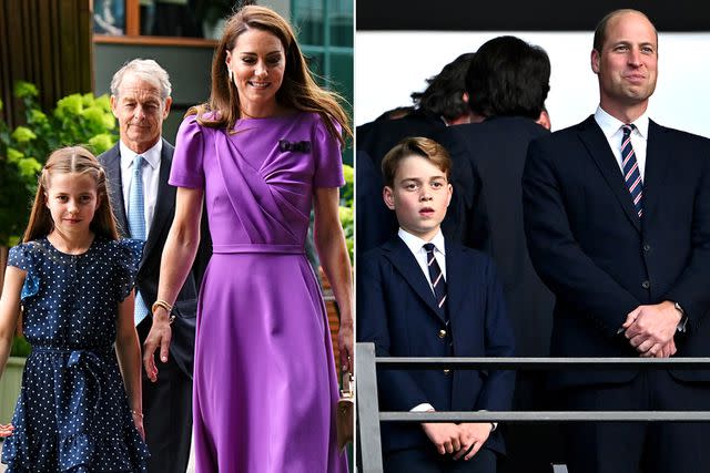 <p>Aaron Chown - WPA Pool/Getty Images; Dan Mullan/Getty Images</p> Princess Charlotte and Kate Middleton arrive at the All England Lawn Tennis and Croquet Club on July 14, 2024; Prince George and Prince William at the UEFA EURO 2024 final match between Spain and England on July 14, 2024 in Berlin, Germany.