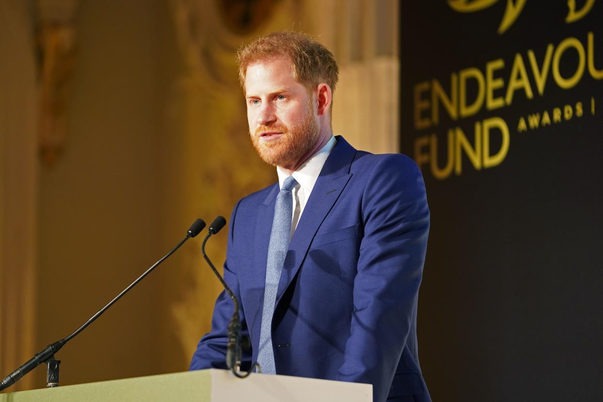 Britain's Prince Harry, Duke of Sussex delivers a speech during the Endeavour Fund Awards at Mansion House in London on March 5, 2020. - The Endeavour Fund helps servicemen and women have the opportunity to rediscover their self-belief and fighting spirit through physical challenges. (Photo by Paul Edwards / POOL / AFP) (Photo by PAUL EDWARDS/POOL/AFP via Getty Images)