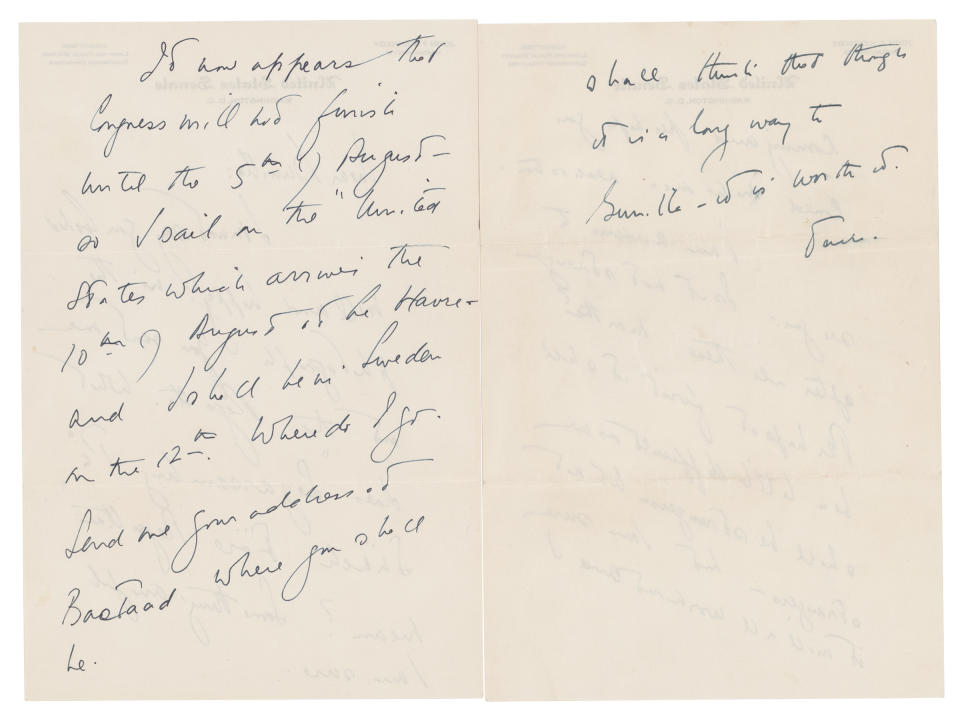 This photo shows a love letter that John F. Kennedy wrote to a Swedish paramour a few years after he married Jacqueline Bouvier, according to Boston-based RR Auction. The auction house says Kennedy wrote letters to aristocrat Gunilla von Post in 1955 and 1956, and announced, Wednesday, May 5, 2021, that they will be going up for auction. (Nikki Brickett/ RR Auction via AP)