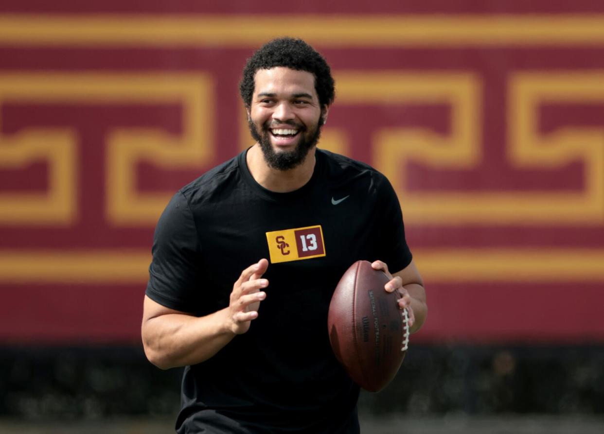 USC quarterback Caleb Williams smiles during USC Pro Day.