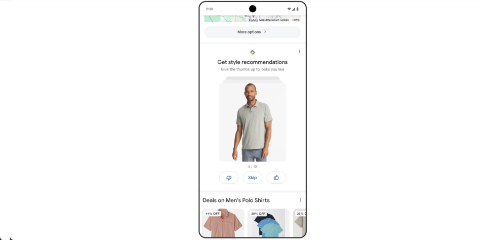 With style recommendations, Google encourages people can rate looks with a thumbs up or down.