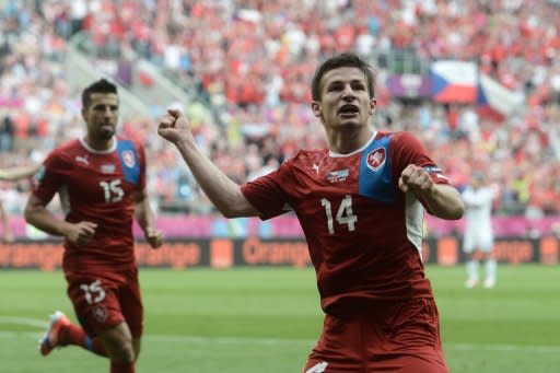 Czech midfielder Vaclav Pilar celebrates after scoring during the Euro 2012 match against Greece on June 12. The Czech Republic have three points and failure to win would mean that the Poles could overtake neither the Czechs nor group leaders Russia, who have four points