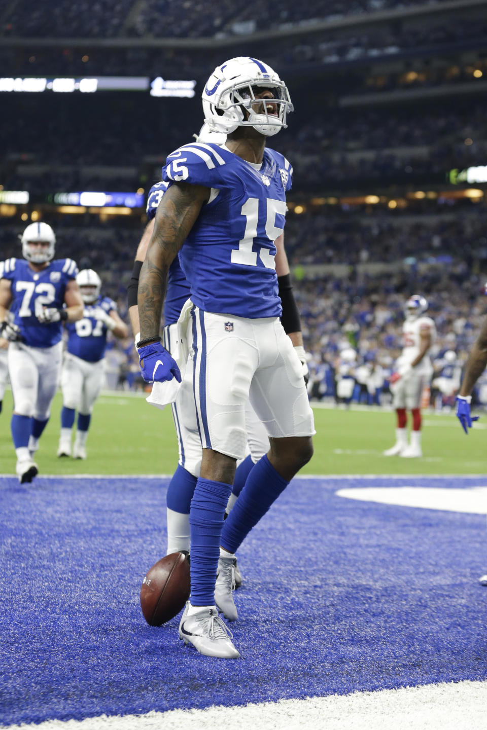 Indianapolis Colts wide receiver Dontrelle Inman (15) celebrates a touchdown against the New York Giants during the second half of an NFL football game in Indianapolis, Sunday, Dec. 23, 2018. (AP Photo/AJ Mast)