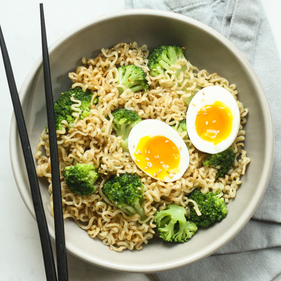 <p>Jazz up basic ramen noodles with toasted sesame oil, quick-cooked broccoli and a jammy soft-boiled egg. To cut back on sodium, look for ramen varieties with less than 600 mg sodium per serving or use less of the seasoning packet.</p>