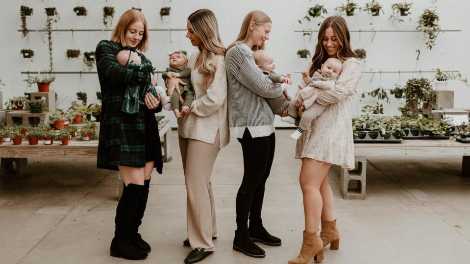 PHOTO: Sisters Jaden Lortz, Jena Primsky, Jordan Sutton, and Jessica Hanna say it has been fun to go outside with all of their babies together. (Wildfire Photo Co.)