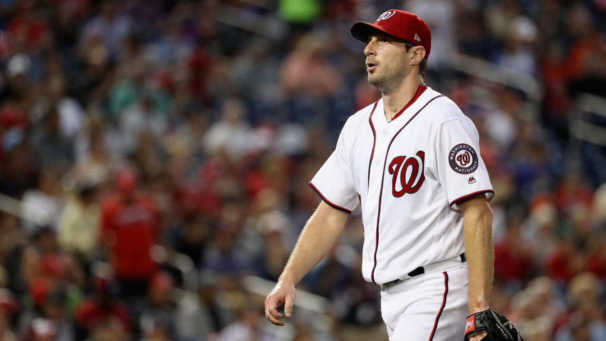 WASHINGTON, DC - AUGUST 07: Starting pitcher Max Scherzer #31 of the Washington Nationals walks off the mound after retiring the side in the fourth inning against the Miami Marlins at Nationals Park on August 7, 2017 in Washington, DC.