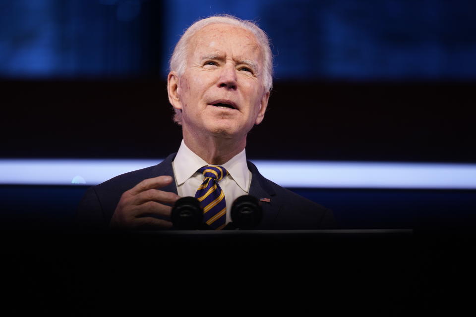 President-elect Joe Biden speaks at The Queen theater, Tuesday, Dec. 29, 2020, in Wilmington, Del. (AP Photo/Andrew Harnik)