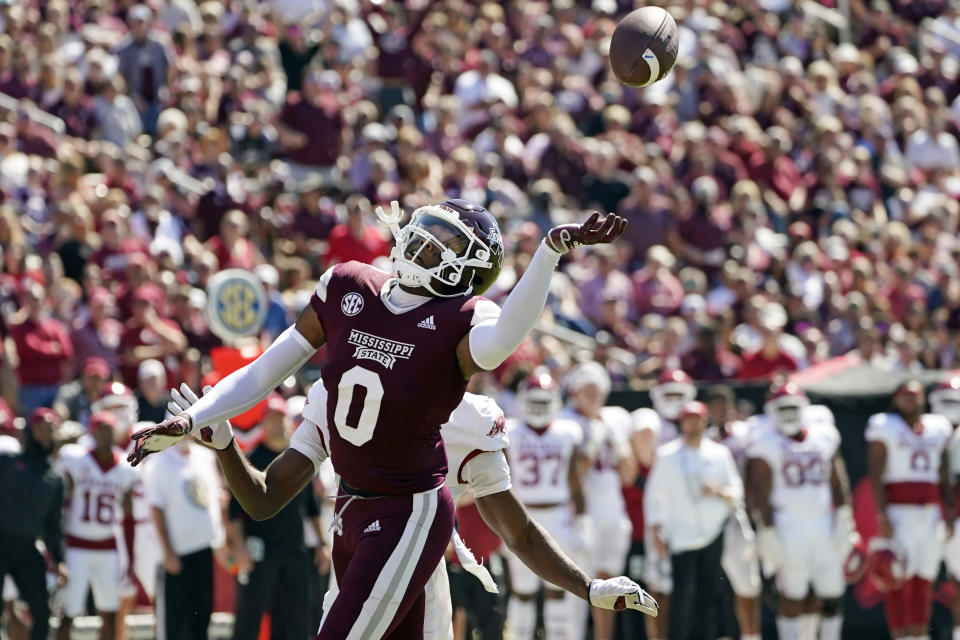 Mississippi State wide receiver Rara Thomas (0) reaches for an overthrown pass during the first half of an NCAA college football game against Arkansas in Starkville, Miss., Saturday, Oct. 8, 2022. (AP Photo/Rogelio V. Solis)