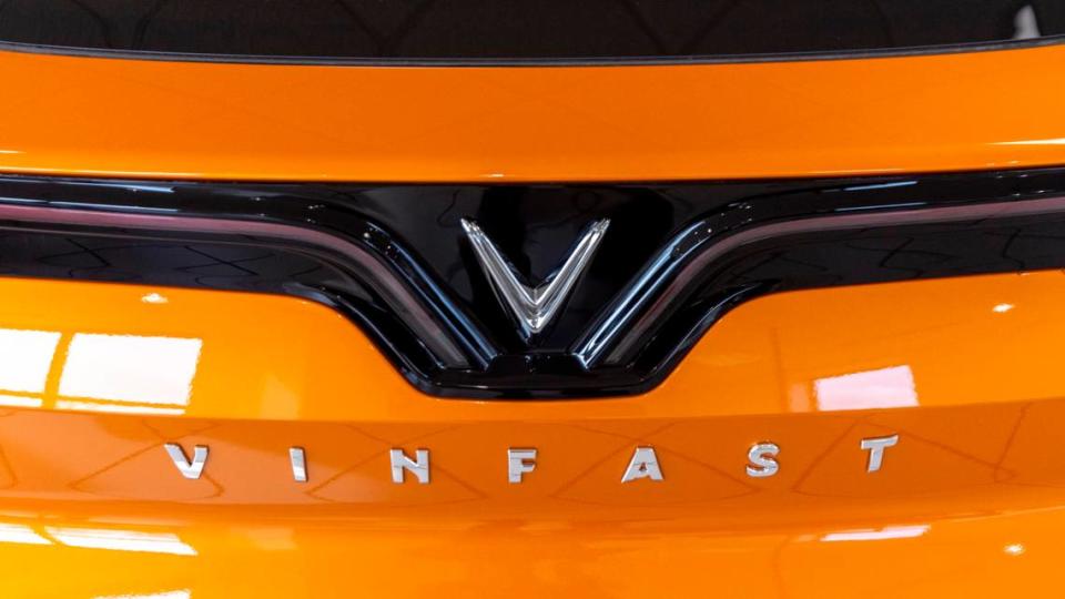 A detail view of a VinFast electric car at the new Leith VinFast dealership in Cary Thursday, Dec. 28, 2023. The Vietnamese automaker announced in March 2022 that it would open an electric vehicle assembly plant in North Carolina. Travis Long/tlong@newsobserver.com