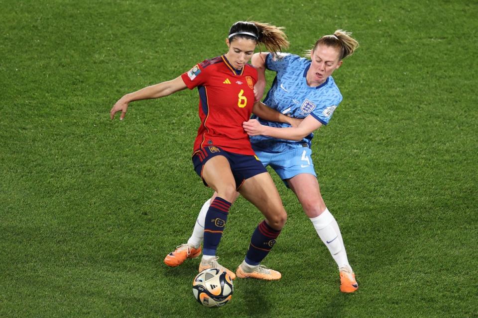 Aitana Bonmati of Spain shields the ball from England’s Keira Walsh (Getty)