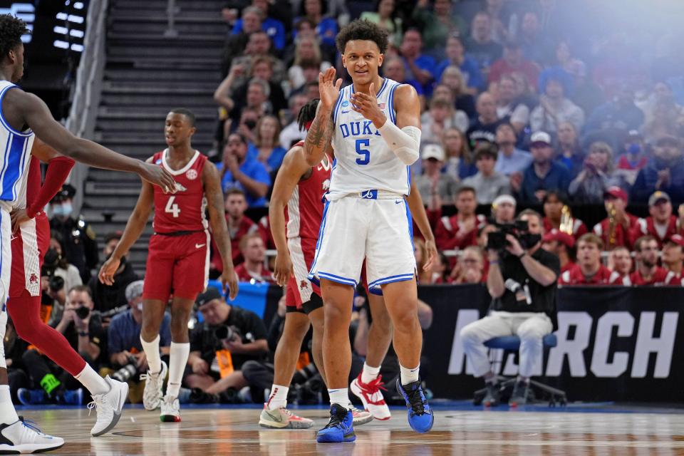 Duke forward Paolo Banchero reacts after a play against Arkansas.