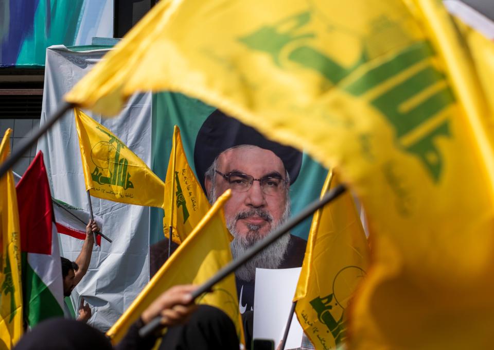 A portrait of Hezbollah Secretary General Hassan Nasrallah.