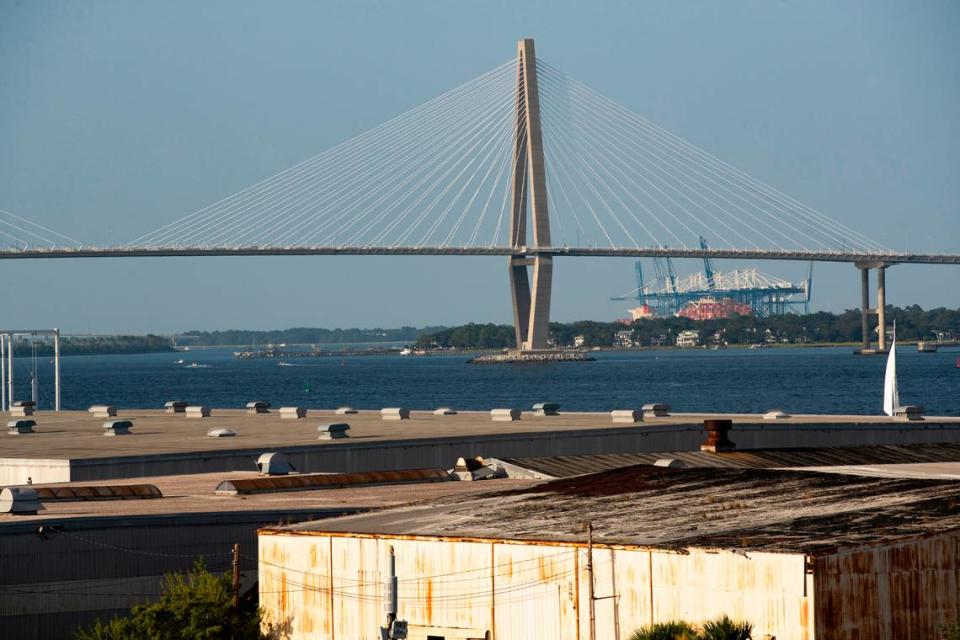 The Arthur Ravenel Jr. Bridge is visible from downtown Charleston, South Carolina on Sunday, August 29, 2021.