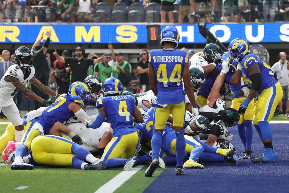 Jalen Hurtsscores a touchdown during the second quarter against the Los Angeles Rams at SoFi Stadium.