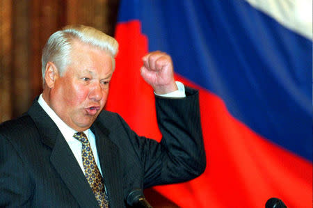 FILE PHOTO: Russian President Boris Yeltsin gestures as he speaks in Moscow, Russia, September 1995. To Match Special Report USA-NUCLEAR/ICBM REUTERS/Stringer/File Photo