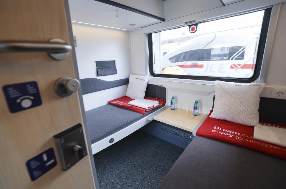 A compartment on the Nightjet train that operates on the Vienna/Innsbruck to Hamburg route, July 11, 2022.<span class="copyright">Christian Charisius—Picture-Alliance/dpa/AP</span>