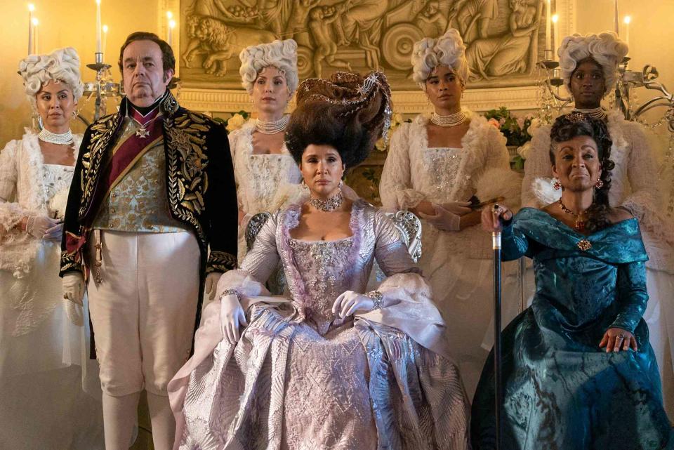 <p>Liam Daniel/Netflix</p> Hugh Sachs as Brimsley, Golda Rosheuvel as Queen Charlotte, and Adjoa Andoh as Lady Agatha Danbury in Season 3 of 