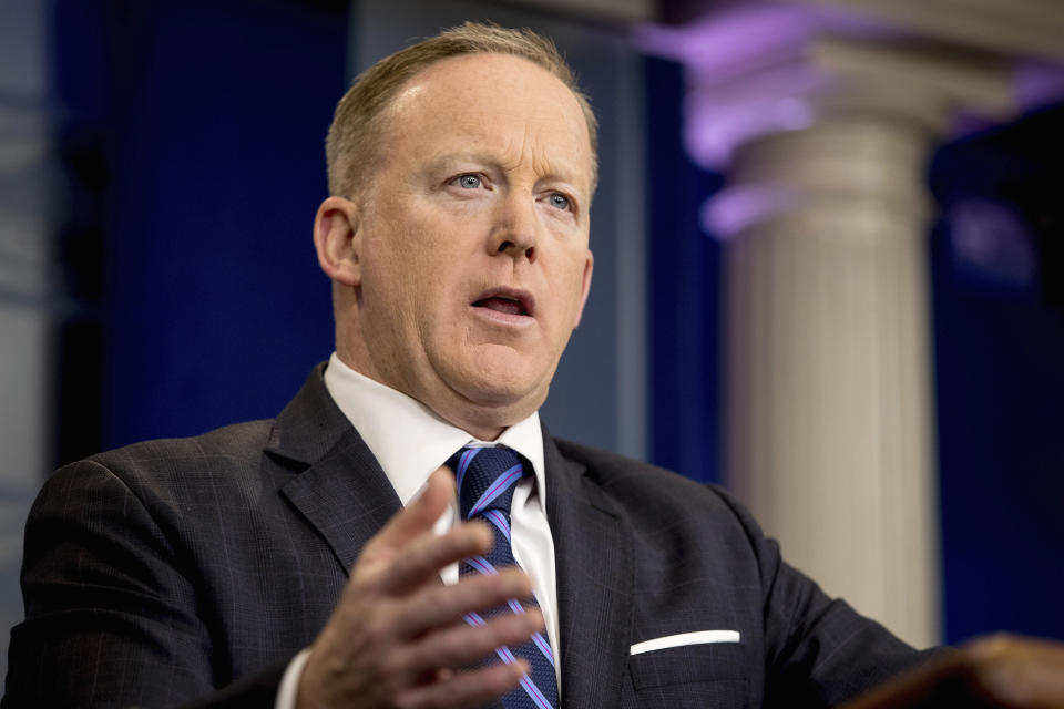 White House press secretary Sean Spicer talks to the media during the daily press briefing at the White House in Washington, Monday, April 10, 2017. Spicer discussed Syria, Trump's first one hundred days in office and other topics. (AP Photo/Andrew Harnik)