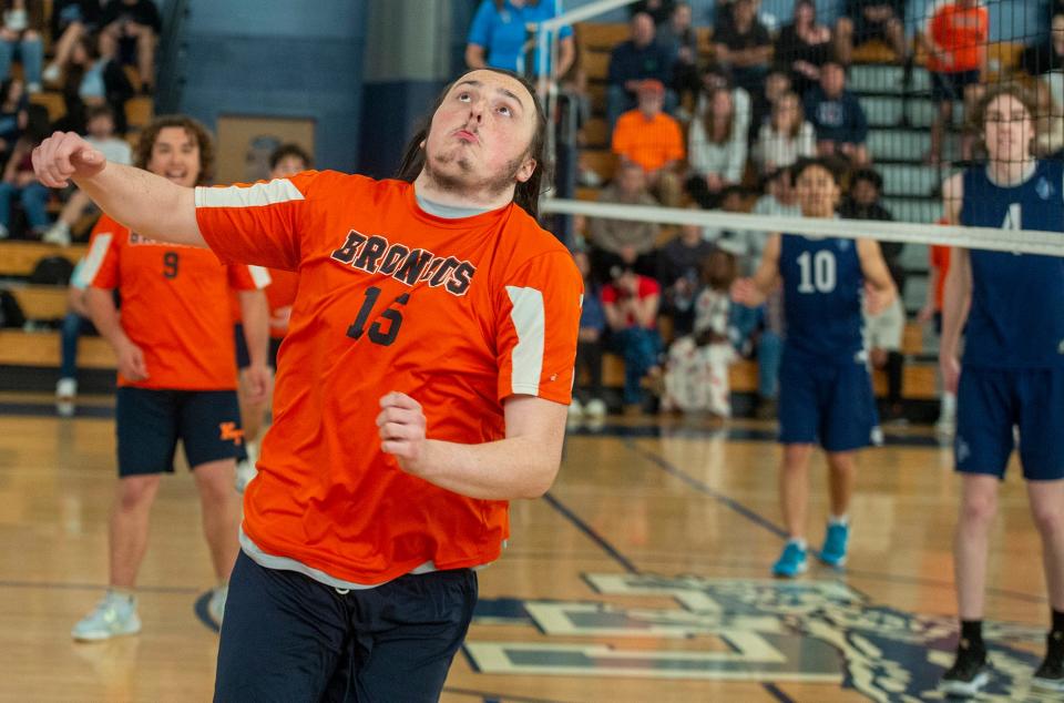 Keefe Technical High School boys volleyball player Logan Greenlaw goes after a ball against Framingham High School, May 10, 2024.