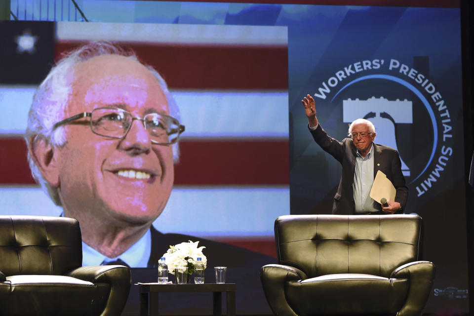 Democratic presidential candidate U.S. Sen. Bernie Sanders arrives onstage at the "Workers' Presidential Summit" at the Convention Center in Philadelphia Tuesday, Sept. 17, 2019. The Philadelphia Council of the AFL-CIO hosted the event. (Tom Gralish/The Philadelphia Inquirer via AP)