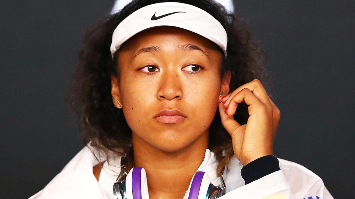 Naomi Osaka is pictured during a press conference.