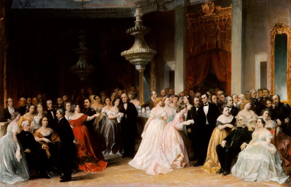 This painting by Peter Frederick Rothermel depicts a fictitious formal reception in the East Room of the White House following President Abraham Lincoln's second inauguration on March 4, 1865.