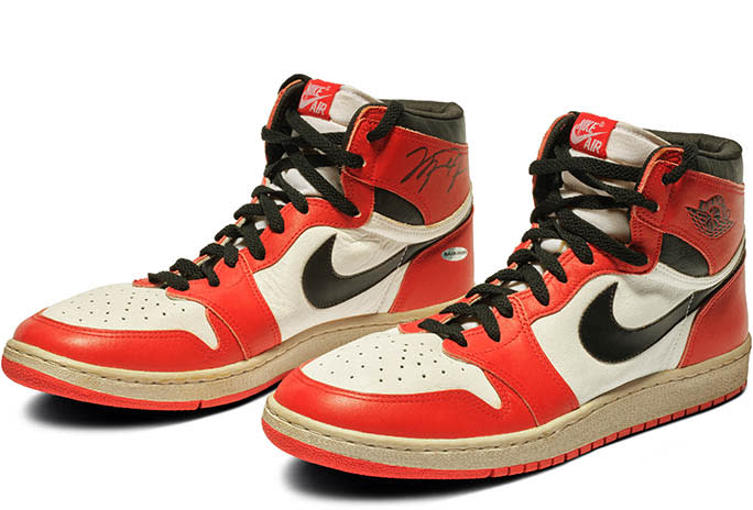 Michael Jordan-signed 1985 player sample Air Jordan 1s.