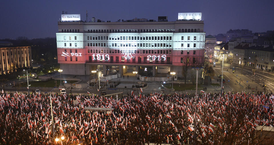 Thousands walk in the annual March of Independence organized by far right activists to celebrate 100 years of Poland's independence marking the nation regaining its sovereignty at the end of World War I after being wiped off the map for more than a century. (AP Photo/Alik Keplicz)