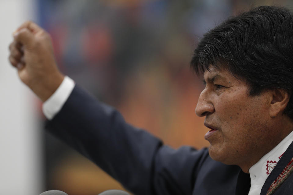 Bolivia's President Evo Morales speaks during a press conference in La Paz, Bolivia, Thursday, Oct. 24, 2019. Morales declared himself the winner of the country's presidential election, saying he received the 10 percentage point lead over his nearest rival needed to win in the first round of voting. (AP Photo/Juan Karita)