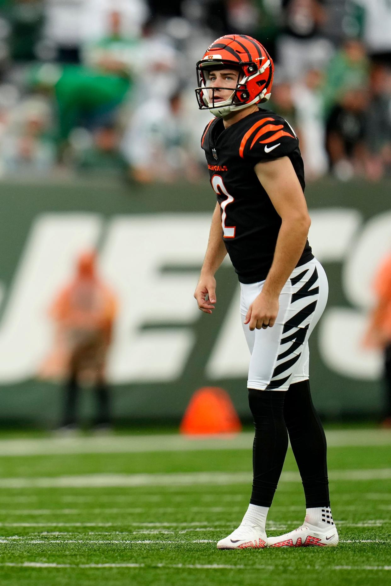 Cincinnati Bengals place kicker Evan McPherson lines up for a field goal attempt during the Bengals' game against the New York Jets on Sept. 25, 2022. The Bengals play the Miami Dolphins at Paycor Stadium on Sept. 29, 2022.